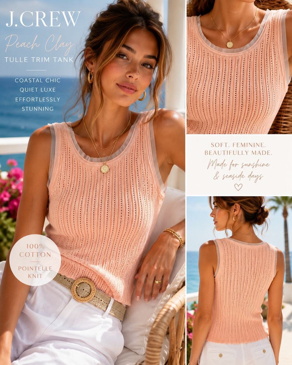 J.Crew Peach Clay Pointelle Tank Tulle Trim 100% Cotton Balletcore Coastal New S